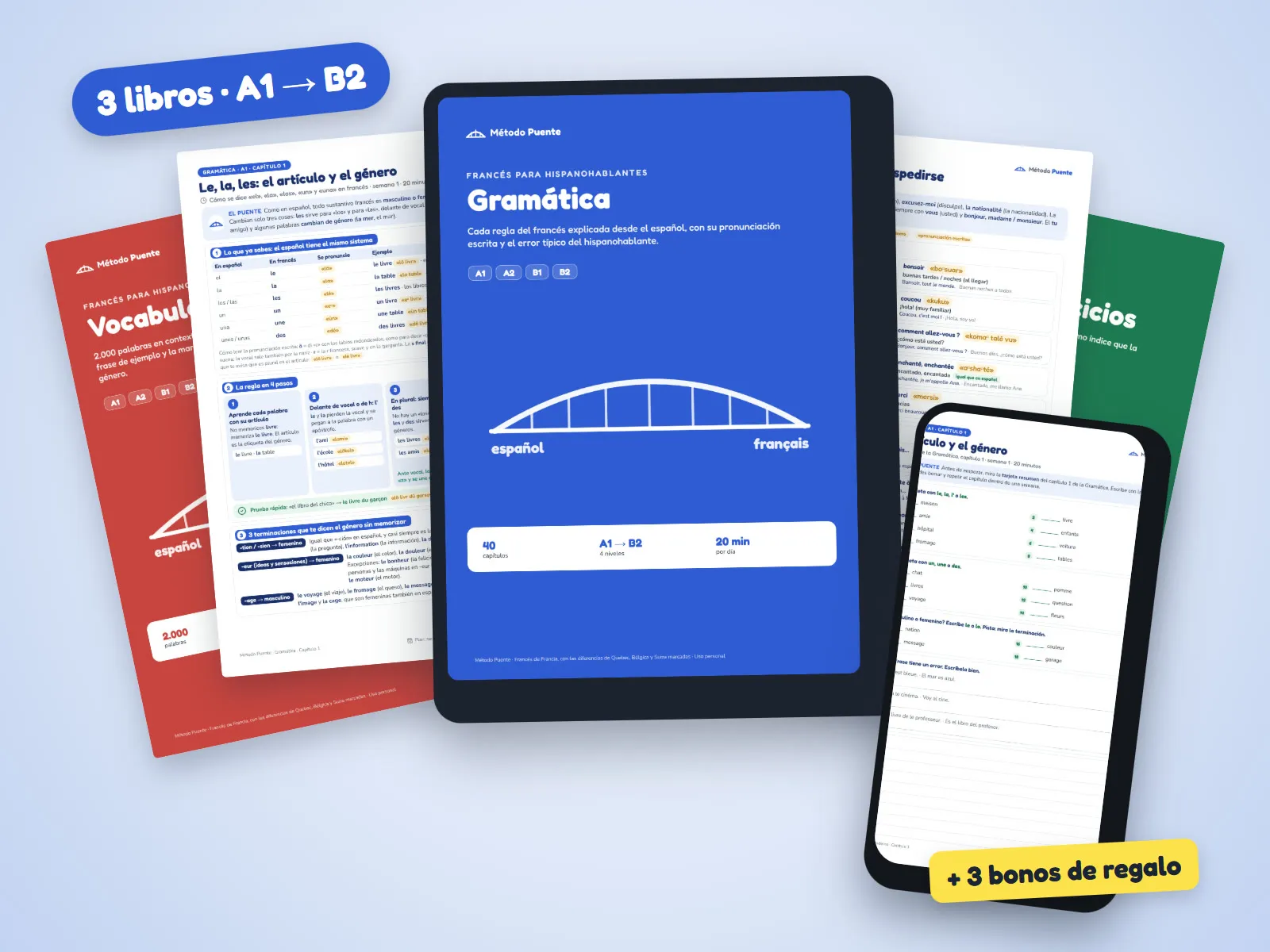 Método Puente: los libros de Gramática, Vocabulario y Cuaderno de ejercicios en una tableta y un teléfono, más 3 bonos de regalo
